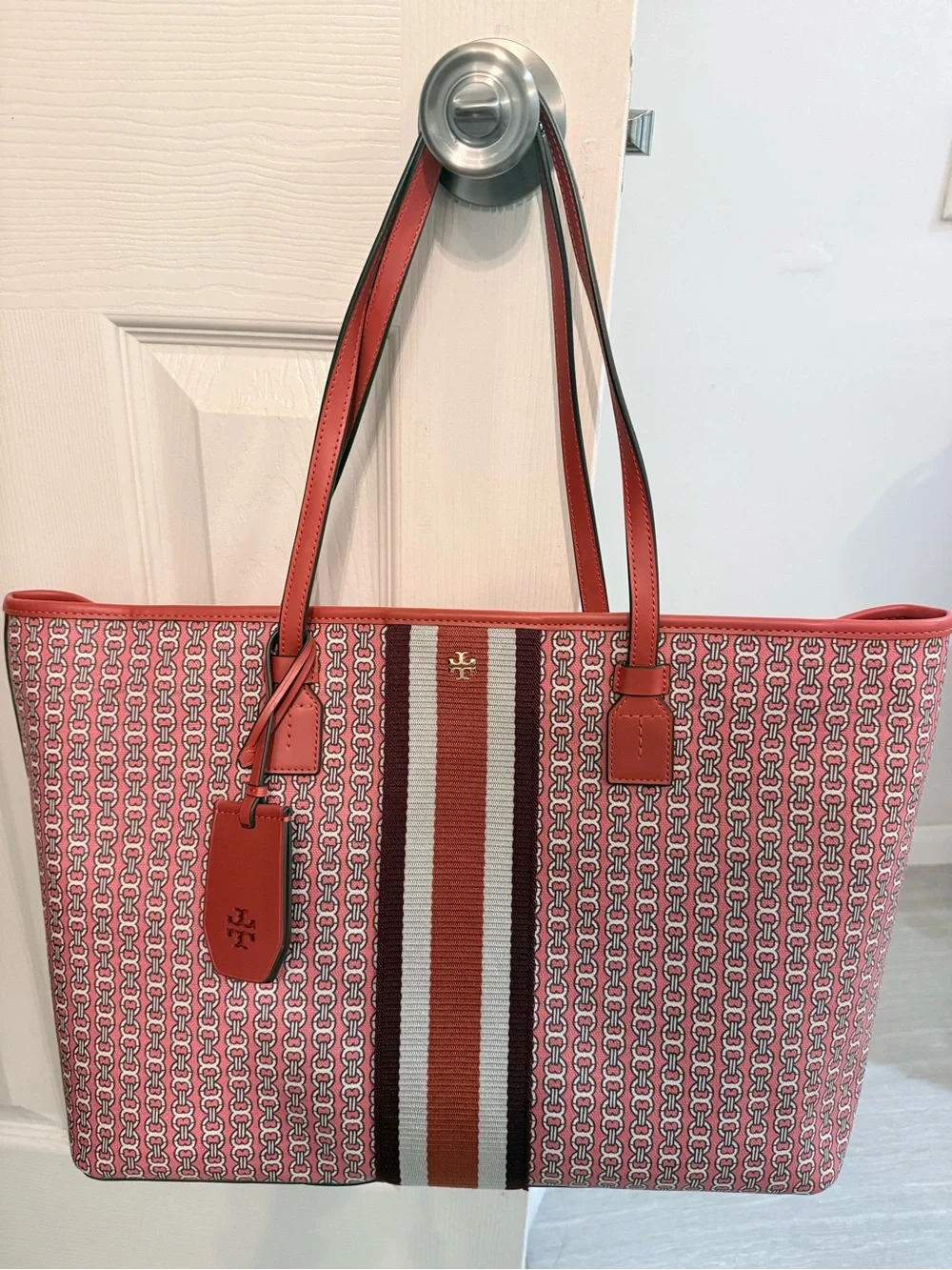 Tory Burch Dark Orange with Maroon and Cream Patterned Stripe Tote